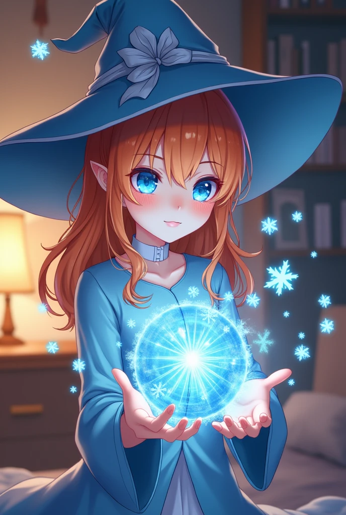 a little witch, she has orange hair, her face is quite innocent and blue eyes. She was standing in the room and using ice magic to create floating snowflakes. She's so adorable. anime girl