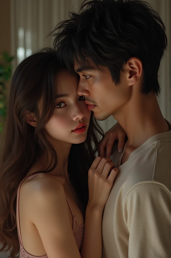 Create an image of a woman with long brown hair, White skin, dark brown eyes, y un poco enojada tierna y al lado un hombre de White skin con ojos negros, messy black hair, his body a little strong