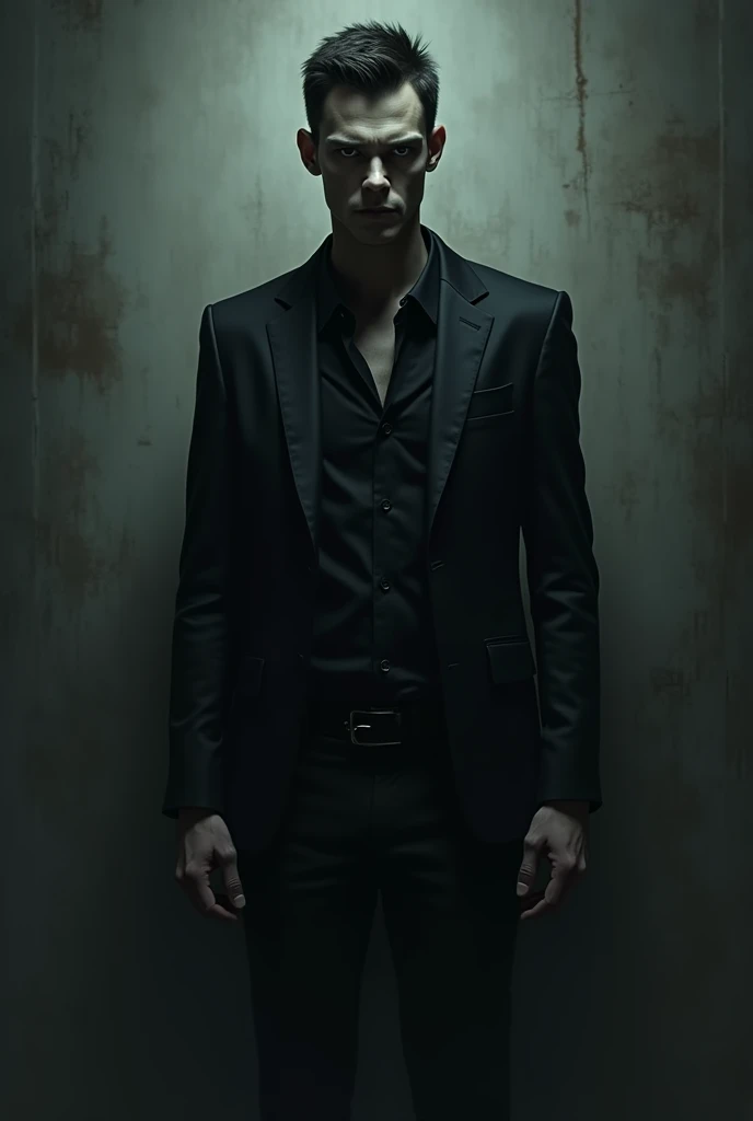 Age: 3 white man. Hair: short, naturally dark hair. Height: 6'5. Body: tall and a little bit creepy, dark and scary. Eyes: dark black, sharp,. Face: handsome and intimidating.