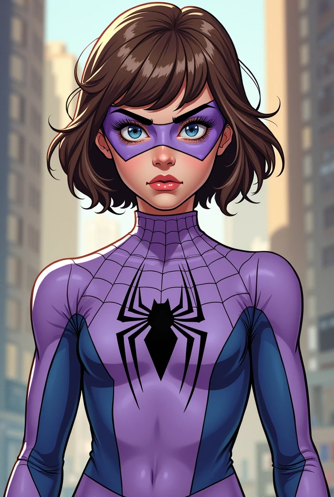 a girl with brown hair and blue eyes. her hair is a tomboy and she has big eyelashes. she has a lilac spiderman outfit, but only with a mask over her eyes, and she is over 1 and has a more serious and sober appearance. . MARVEL 1980 comics style 2D