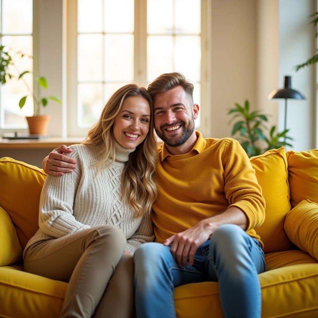 real happy couple on yellow couch