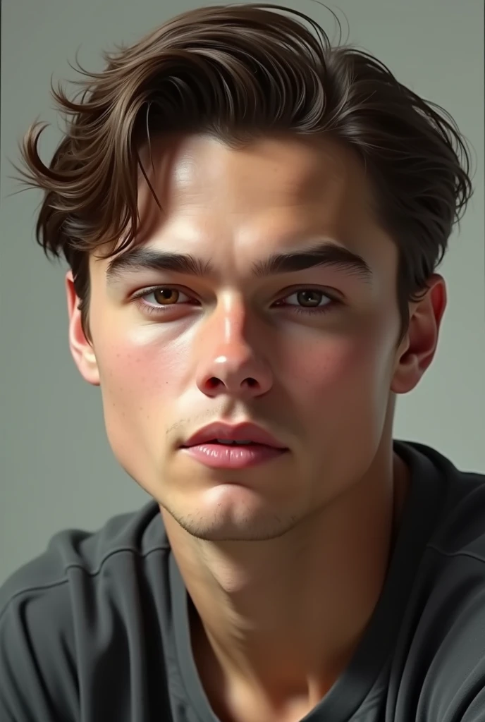 19 year old man with features similar to Leonardo DiCaprio, with slightly more cheeks, brown eyes and shorter hair