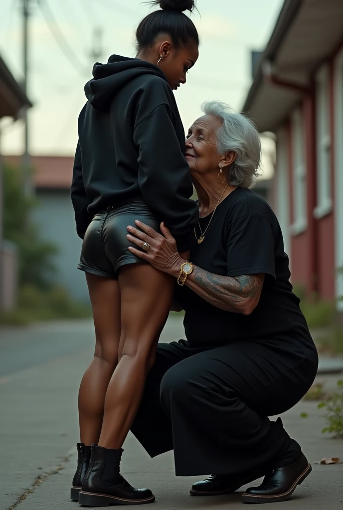 black woman hair in a bun black hoodie black leather short shorts a old grandma in a dress on her knees kissing her ass behind her squeezing her butt
