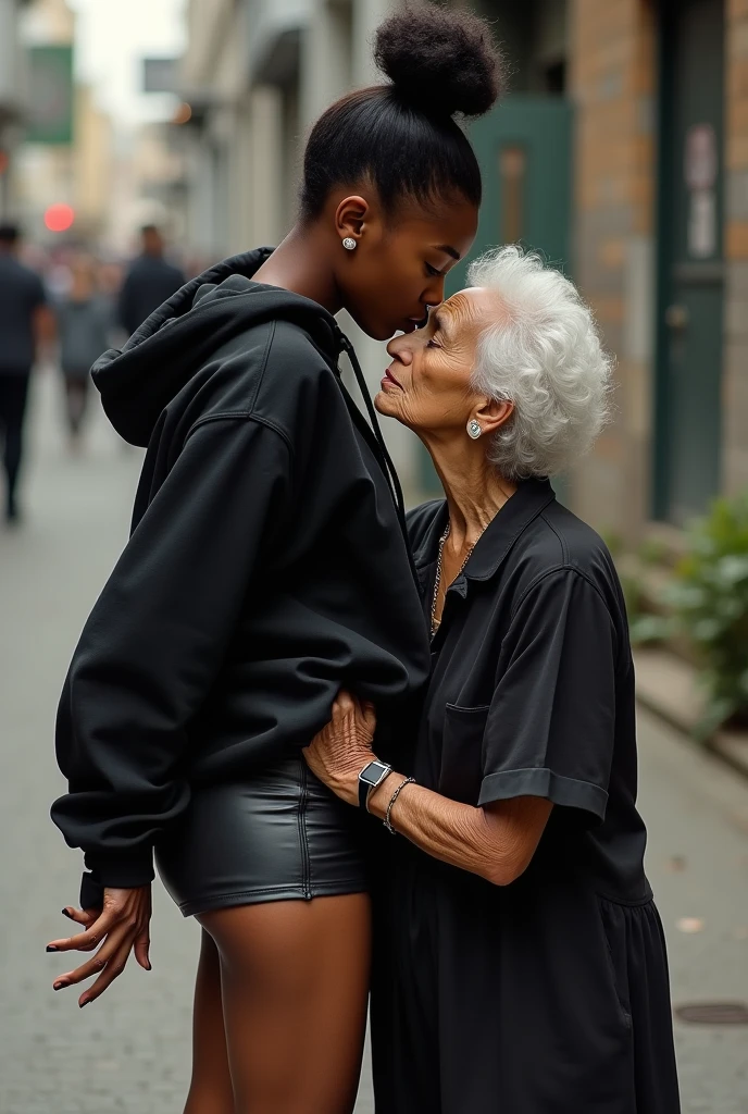 black woman hair in a bun black hoodie black leather short shorts a old grandma in a dress on her knees kissing her ass behind her squeezing her butt