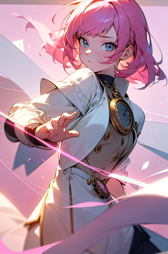 (masterpiece), (best quality: 1.0), (ultra high resolution: 1.0), (1 paper girl), (best quality, 4k, 8K, masterpiece: 1.2), 2.5d, pink hair, her pose is relaxed but with a dominant attitude, diffuse background and bokeh with soft colors, hypnotic background, hypnotic eyes, pocket watch moving, gaze at the viewer