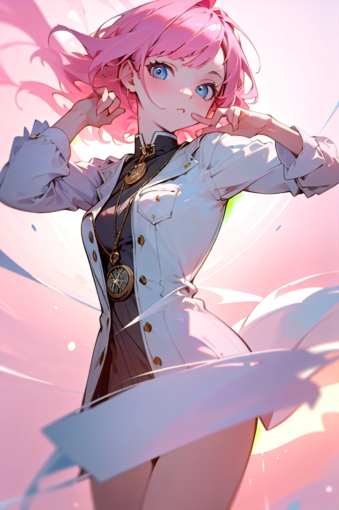 (masterpiece), (best quality: 1.0), (ultra high resolution: 1.0), (1 paper girl), (best quality, 4k, 8K, masterpiece: 1.2), 2.5d, pink hair, her pose is relaxed but with a dominant attitude, diffuse background and bokeh with soft colors, hypnotic background, hypnotic eyes, pocket watch moving, gaze at the viewer