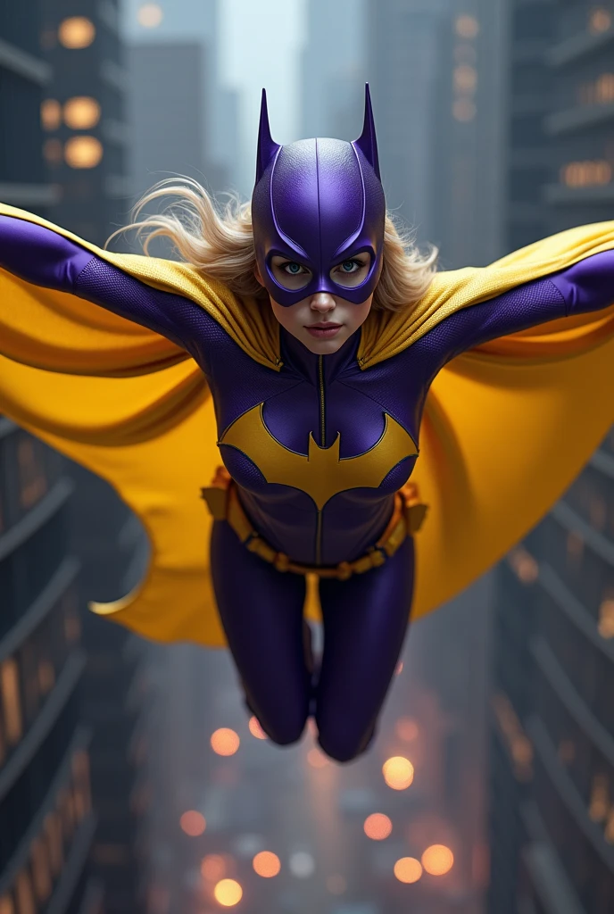 Batgirl, purple and gold scheme, yellow cape