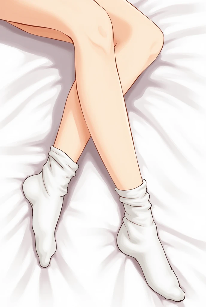 Draw an anime-style woman who is lying down with her legs open and wearing only socks. 