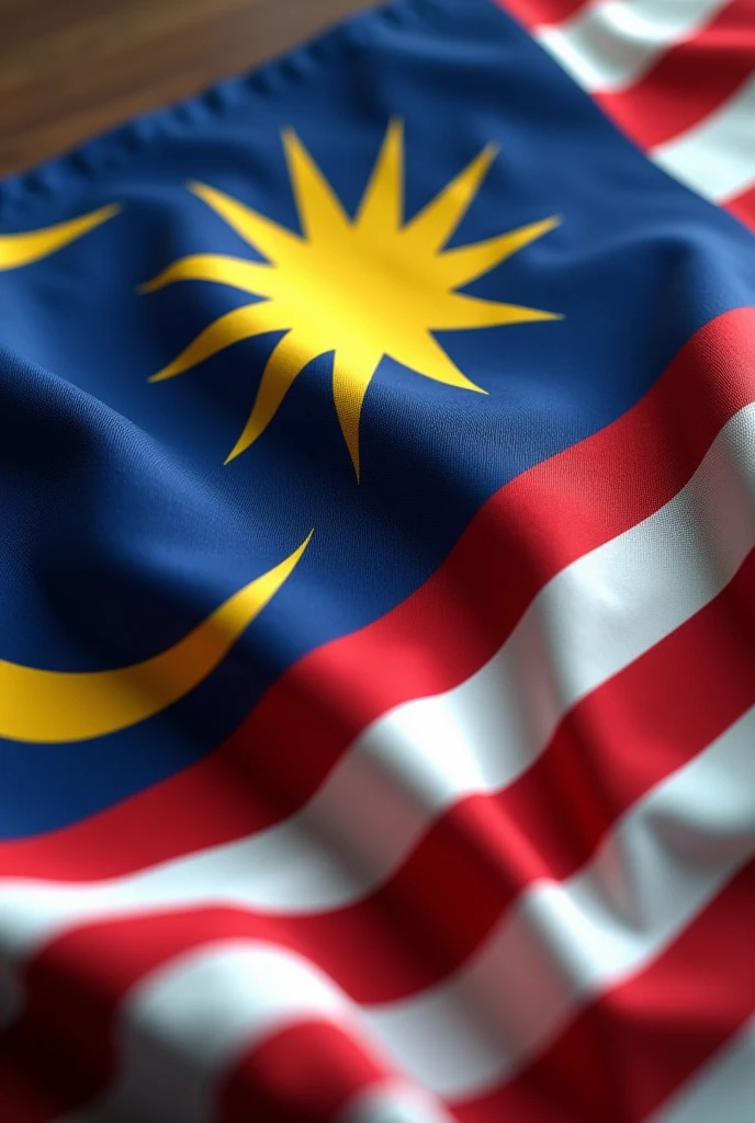 A detailed, high-quality folding Malaysian flag, highly realistic.(Perfect 14 point star shape). , photorealistic, extremely detailed, 8K, masterpiece. Repeated, vibrant colors, folds and shadows accurately depicted, crisp focus, realistic lighting, patriotic, beautiful
