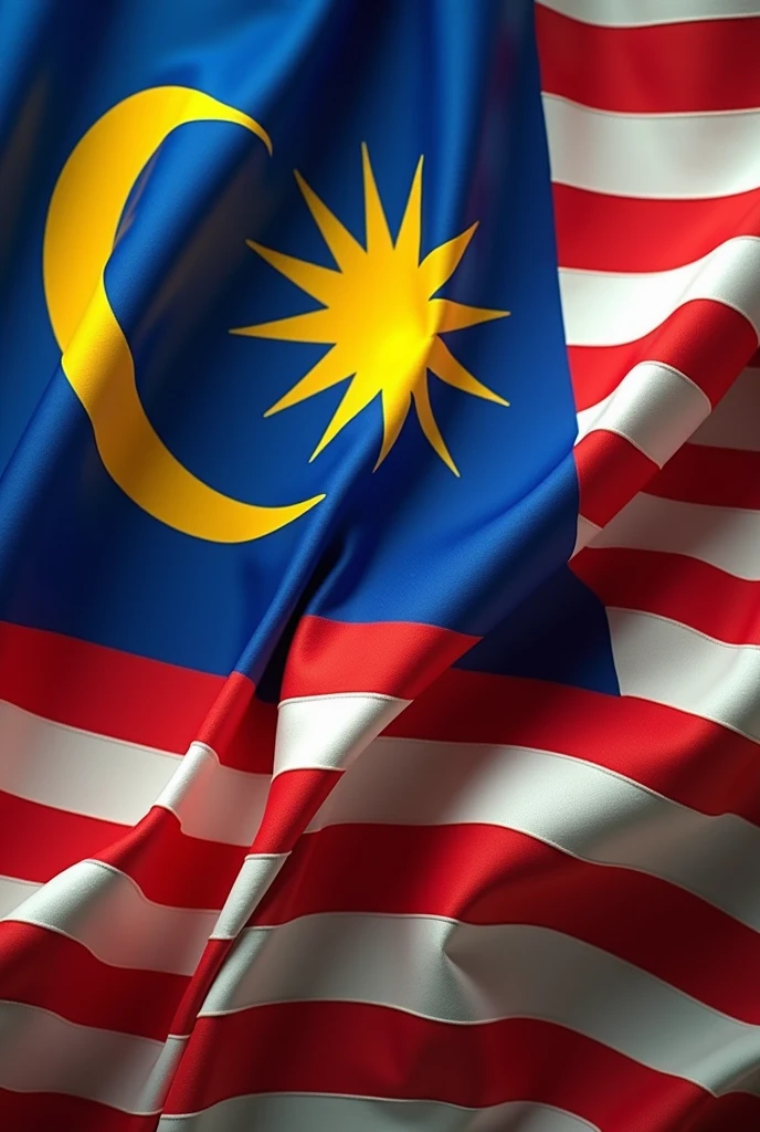 A detailed, high-quality folding Malaysian flag, highly realistic.(Perfect 14 point star shape). , photorealistic, extremely detailed, 8K, masterpiece. Repeated, vibrant colors, folds and shadows accurately depicted, crisp focus, realistic lighting, patriotic, beautiful