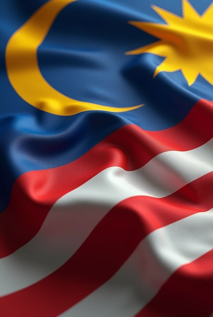 A detailed, high-quality folding Malaysian flag, highly realistic.(Perfect 14 point star shape). , photorealistic, extremely detailed, 8K, masterpiece. Repeated, vibrant colors, folds and shadows accurately depicted, crisp focus, realistic lighting, patriotic, beautiful
