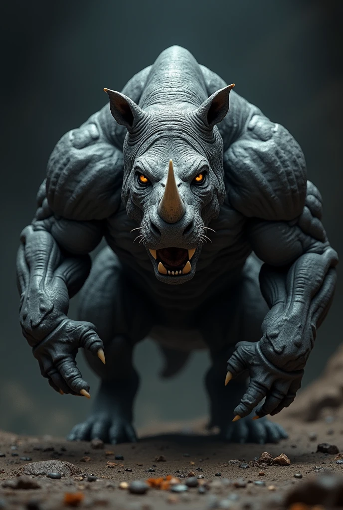Create a fearsome, fully muscles fusion of black cheetah and rhino with hyper-realistic, rugged skin and scales, against a dark, intense background for a truly shocking effect."