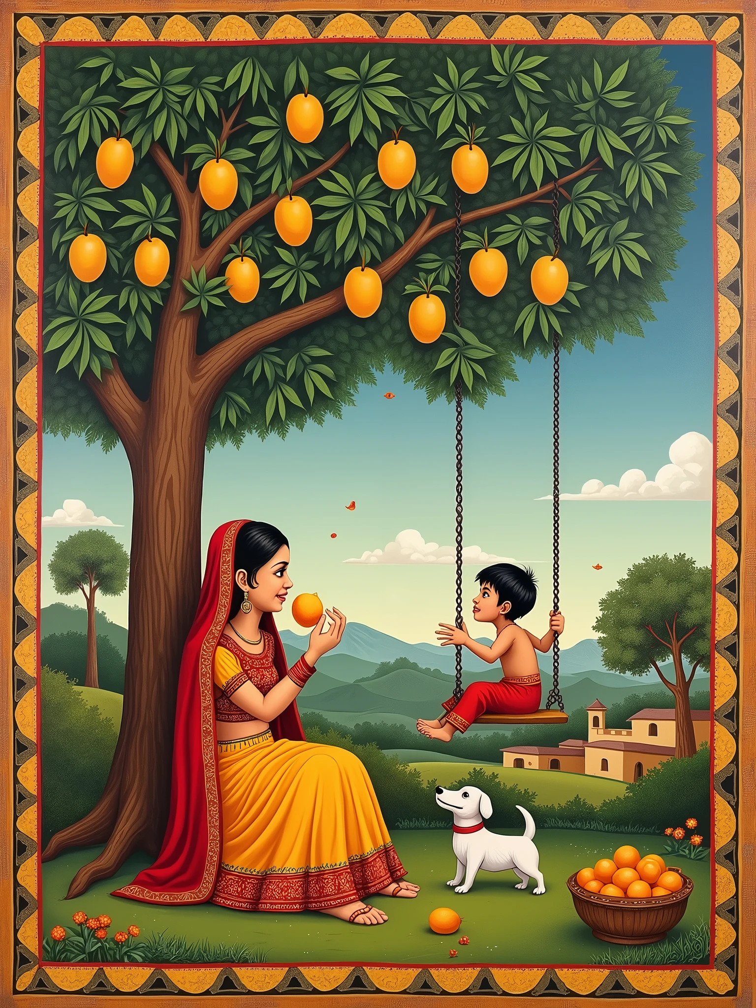 "Create a Phad painting in traditional Rajasthani style featuring a  sitting under a mango tree. She is wearing traditional attire with vibrant colors like red, yellow, and green, adorned with intricate patterns. The girl is eating a mango, and around her, there are many mangoes placed in a basket. Nearby, her 10-year-old younger brother is swinging on a swing tied to the mango tree, enjoying the moment. A small dog is sitting near the girl's feet, looking up at her with affection. The painting should capture the natural setting with symbolic elements such as the tree and village surroundings. Use the signature Phad art style with detailed borders and a folk-art aesthetic, incorporating natural tones and a storytelling vibe."