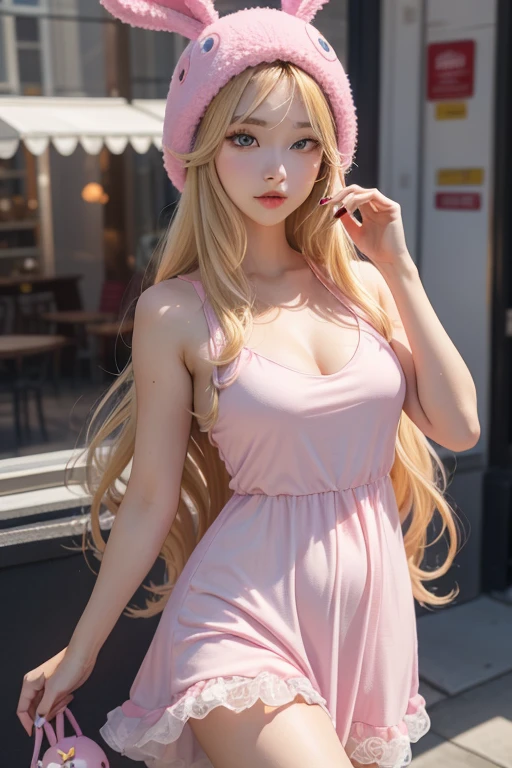 Blonde girl long hair, with purple eyes, pink dress, pink bunny hat