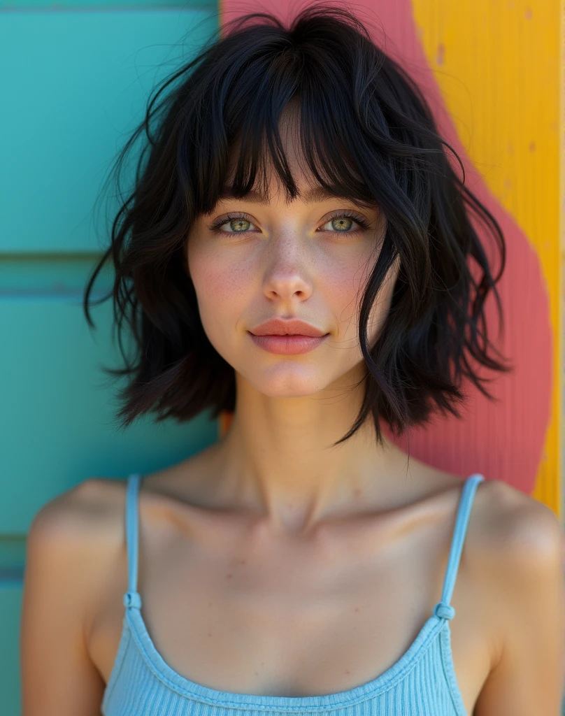 RAW photo, best quality, masterpiece, ((photorealistic)), Polish girl, 20 years old, black hair, Light grey eyes, short bob cut, hair in 7 thirds, hair over one ear, Symmetrical eyes, , pale skin, Detailed Skin, Detailed face, Detailed hands, Big Breasts, rip gloss, Light blue ASICS sneakers, photographed in front of a colorful and stylish exterior wall, smiling, cowboyshot, sunny, outdoors, detailed background shot, model-like pose, summer, sunlight, shadows, stylish outfit