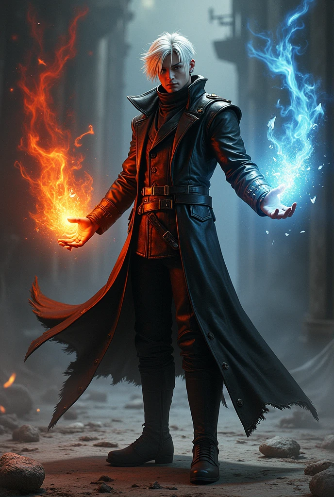 Final fantasy 1 Red mage with dark leather trench coat and how many coffee, with dark boots, short white hair, In his left hand he has fire magic and in his right hand ice magic. He looks at the screen with a serious face..