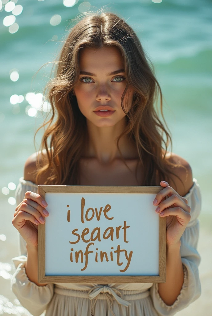 Beautiful girl with wavy long hair, bohemian dress, holding a white board with text "I Love Seaart Infinity" and showing it to the viewer