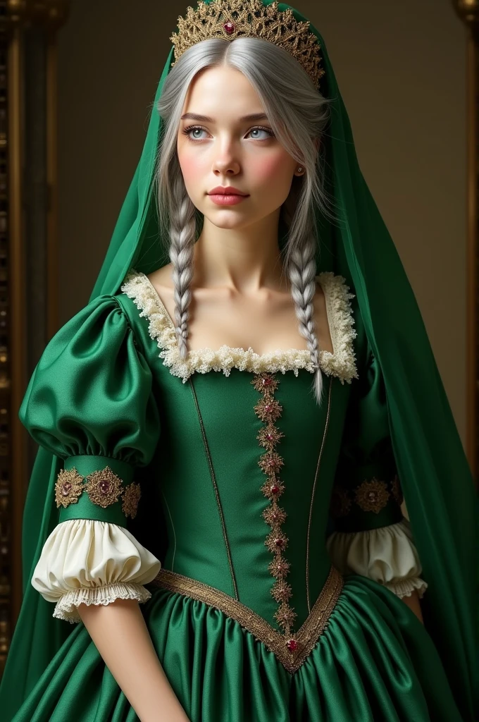 An 18-year-old girl,
robust and thick at the waist with a large chest, skin as pale as milk, silver-colored hair,
dressed in green from the year 1500, a tiara with a green veil