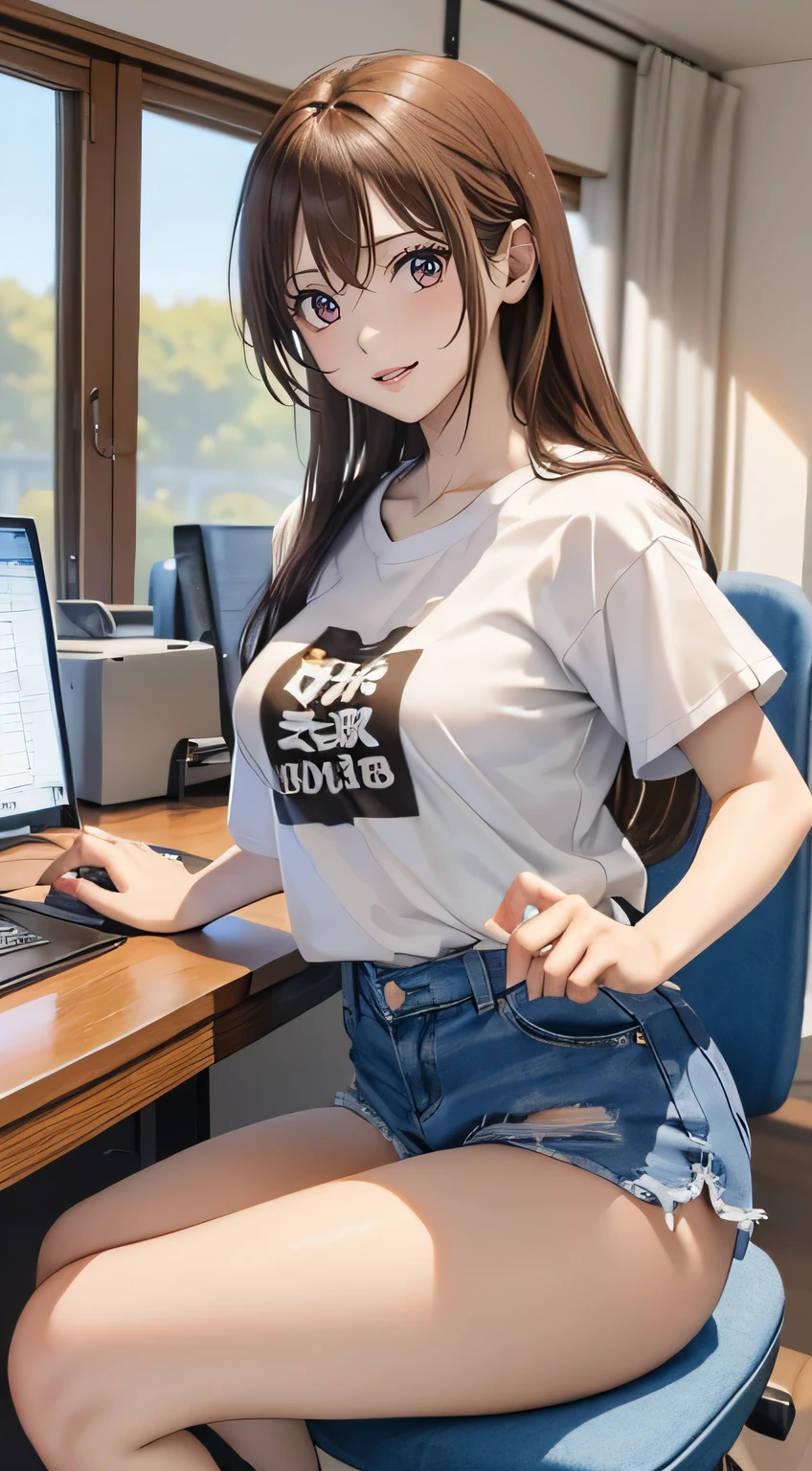 20-year-old woman、One person、((A woman is looking at a computer screen))、((Women don't watch viewers)), ((Angry expression))、The woman has beautiful brown hair、Long Hair, (Ample breasts), ((Short sleeve white T-shirt)),((Denim shorts))