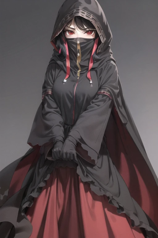 NNAssassinFSF, 1girl, solo, black hair, long cape sleeves, sleeves covered hands, long skirt, cape, black cloak, hood up, covered mouth, white gloves, mask, hooded cloak, ((masterpiece, best quality)),standing room, red eyes, happy look,