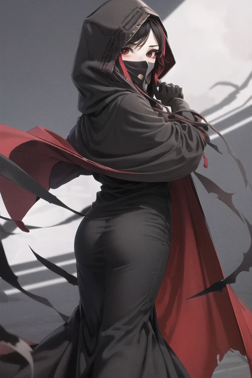 NNAssassinFSF, 1girl, solo, black hair, long cape sleeves, sleeves covered hands, long skirt, cape, black cloak, hood up, covered mouth, white gloves, mask, hooded cloak, ((masterpiece, best quality)),standing room, red eyes, happy look,