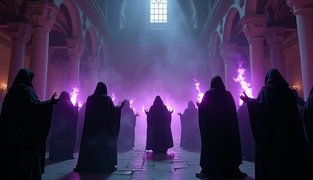 8k、(number々の賞を受賞したmasterpiece、Incredible detail、Texture、Maximum details),purple flame candle, (summoning magic),(St George's Church in Lalibela at night (Church of Saint George) - Ethiopia), (dark ritual),(dark organization)arafed image of a group of people in a church with candles,lit candle, dark cinematic concept art, elegant cinematic fantasy art, photorealistic dark concept art, by Beeple, dark robes, wojtek fus, gothic epic library concept, gothic epic library, epic cinematic concept art, dark concept art, Beeple and mike winkelmann, symmetrical epic fantasy art, High resolution, masterpiece, Highest quality, Intricate details, Very detailed, Clear focus, practical skin texture, texture, Shot with Canon, 85mm, Shallow and deep, Kodak Vision Color, Exactly, Very detailed, photograph_\(Extremist\), photographpractical, practical, Post-processing, Maximum details, Roughness, Real Life, Extremist practical, Photorealism, photographgraphy, 8K Ultra HD, photographgraphy