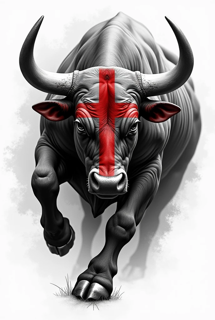 A black and white tattoo of a charging bull with a red cross painted on the right eye in red