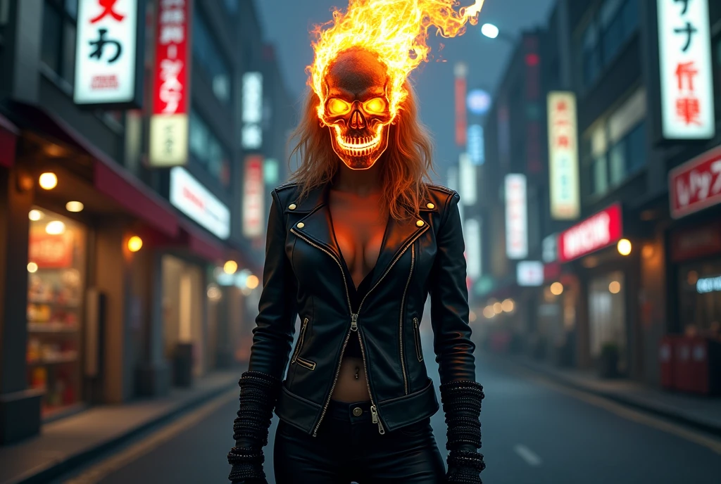 Marvel's Ghost Rider (portrayed by Taylor Swift, leather jacket, leather pants, flaming skull head, gloves, several hell chains wrapped around forearms), night, downtown Tokyo