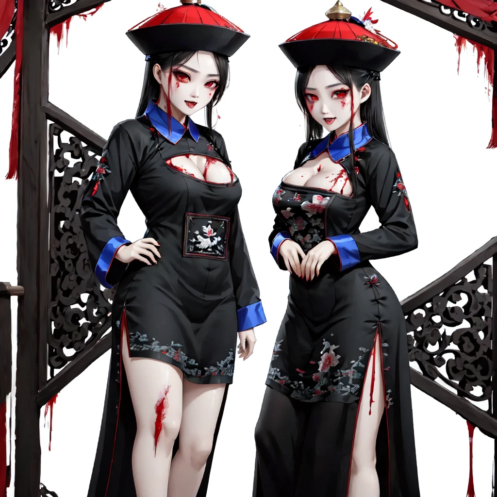 zombie，Chinese style，Tattered cheongsam，Large Breasts，Showing chest and legs，deep mountain，Fangs，blood