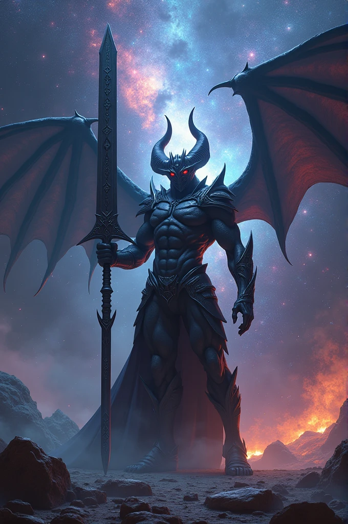 Galaxy back ground with male demon with mask holding a great sword 
