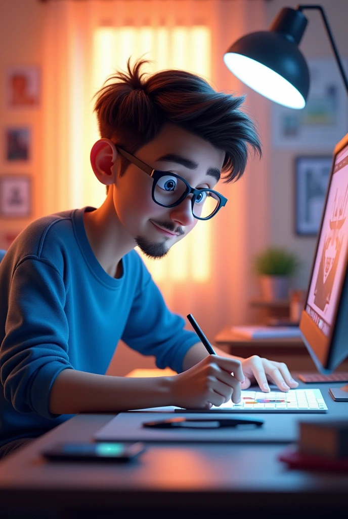 20 year old boy animation in 3d pixar style with square oakley glasses, goatee on chin, thin mustache, light skin, short dark brown hair, using a graphics tablet on the computer and blue clothes