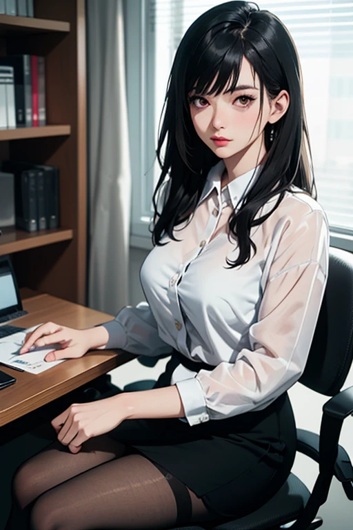 8K quality、High resolution、Sexy suit woman、Realistic skin texture、High resolutionの肌、、Princess Hair、thin、Small breasts、Open the mouth to reveal a realistic tongue、Thin legs、、Full Body Shot、Moist lips、Sitting at a desk looking at documents、Wear a cardigan over an unbuttoned shirt