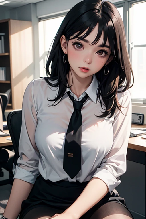 masterpiece、high resolution 8k、NSFW、sharp focus、contrast lighting、fine skin、pieces fly、 highest quality、ultra high resolution、ultra high resolution、Detailed CG、stock exchange、large office room、lots of big monitors、desk computer、transaction、document、stock、chart screen、Male office lady in horizontal focus、woman sitting on a chair、beautiful eyes、(detailed face and iace:1 2)、narrow eyes、almond eye、black eyes、Eye gradation eye highlight:1.2)、(bright reddish brown hair、middle、asymmetrical bangs)、(ID card、Blazers for office wear shortage、white cutter shirt、black pencil skirt、pumps)、(plump lips、gross、glossy lips、small chest size) 、(oval face : 1.4)、(thin fingered arms、detailed human hand)、smile half-open、teeth visible
