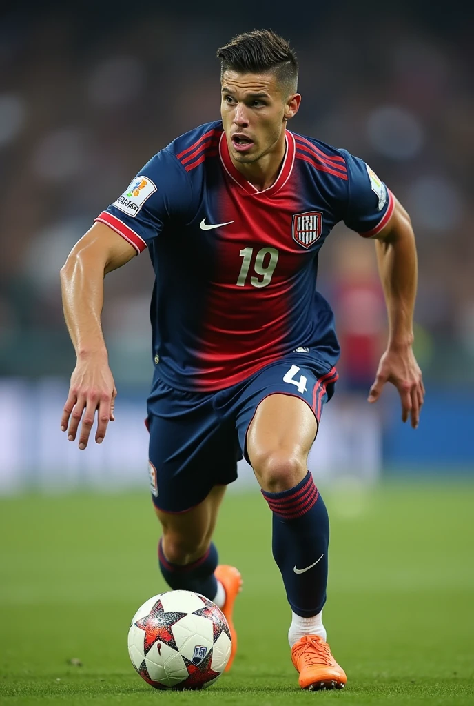 attractive male footballer, of Dutch and German features, of 1.92 meters and 88 kilograms, He is a footballer in the central defense position, He is left-handed, He is 1 and has the number 45 on his soccer jersey.