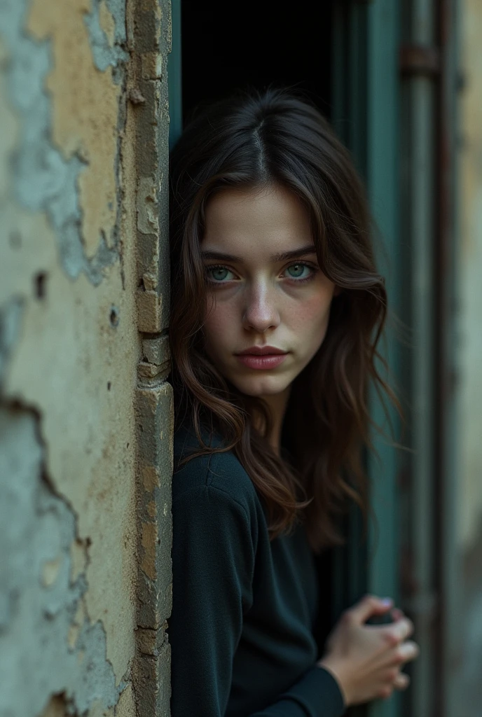 a woman with wavy brown hair and blue eyes peeking around the corner of a building, with a sad face