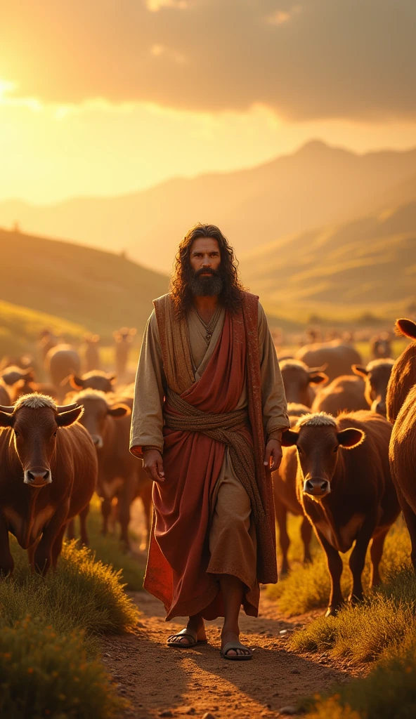 Ultrarealistic 8k Image, Job in the midst of wealth and prosperity, A scene showing Job on his farm, surrounded by cattle, servants and their family, symbolizing the beginning of their prosperous life before the trials, the environment should have orange tones representing that time
