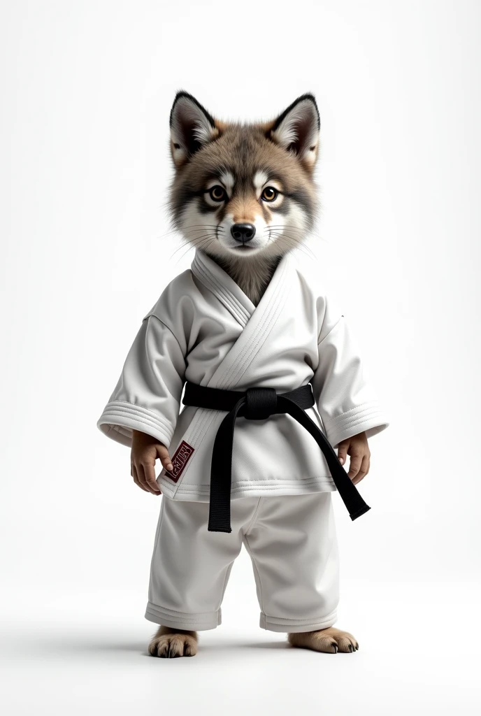 wolf cub in karate costume on white background