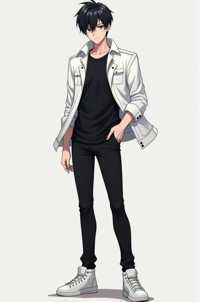 Anime Handsome boy black t-shirt white  
Jacket black pant white sneakers  