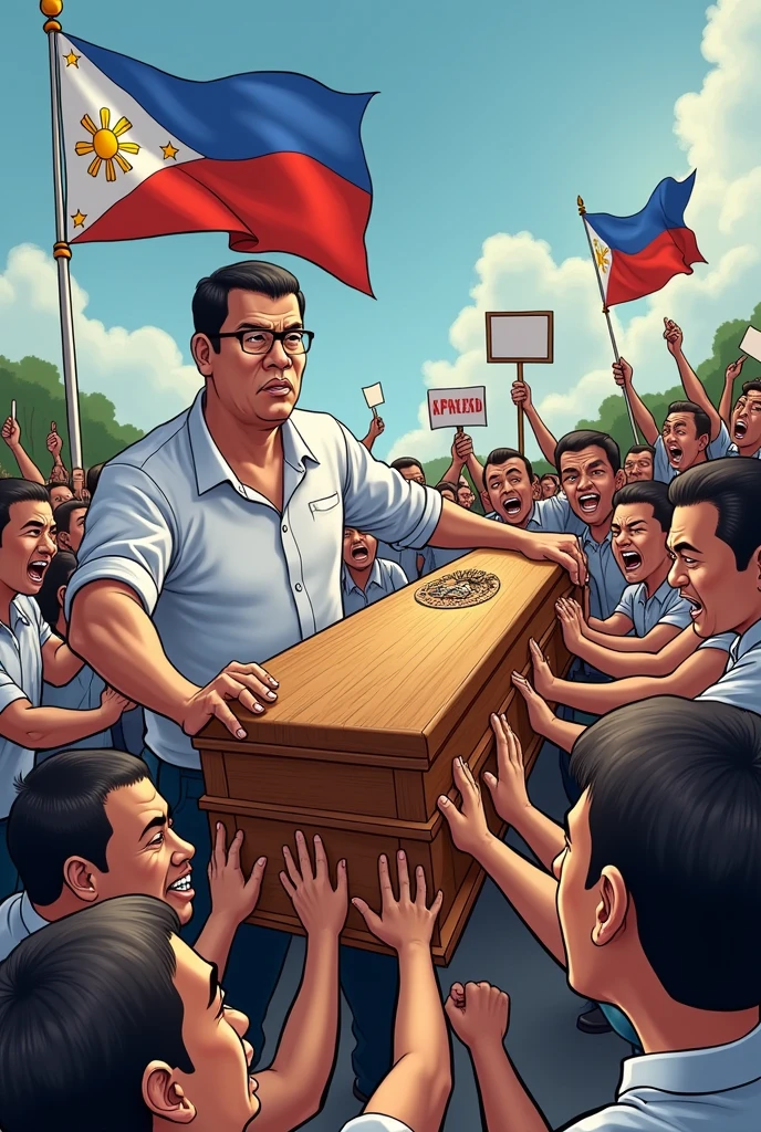 duterte pushing Marcos Sr. coffin into the Libingan ng Bayani and Filipino are rallying and pulling it cartoonist