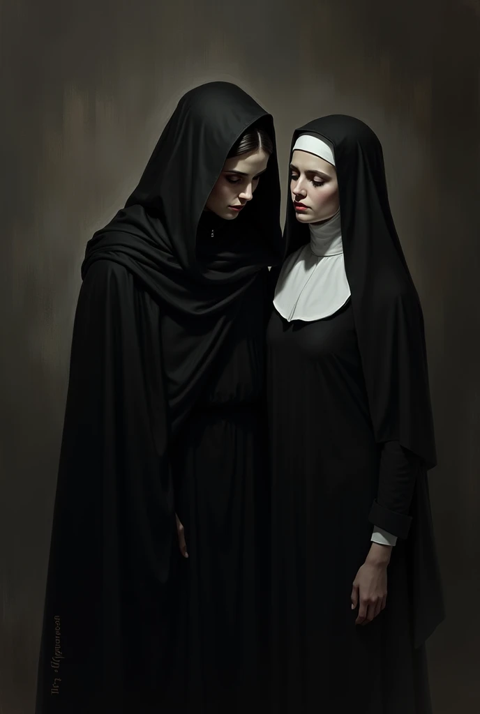 Black widow woman in mourning with young white nun