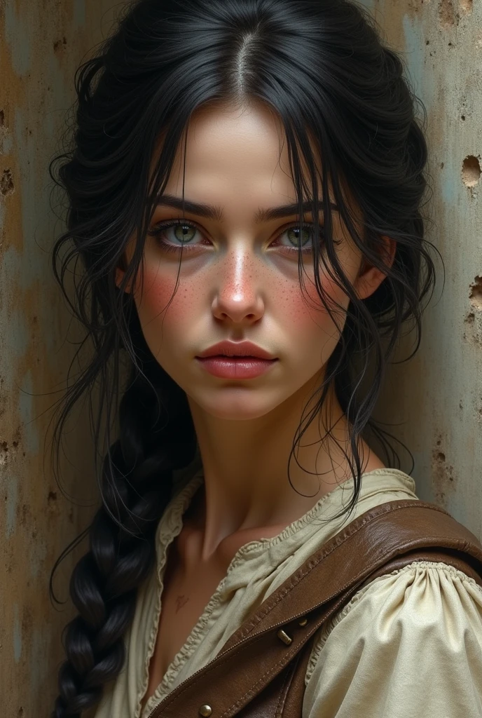 What Indiana Jones' face would look like, being a woman, in peasant clothing, of Polish origin in the Middle Ages (a sad face)