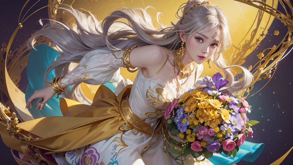 32K, 最高quality, 最高masterpiece, (ultra-Detailed Background, Detailed Background), High resolution, Super detailed, Very detailedな, 1 personの, (bouquet:1.3), (Tangled:1.2), (Geometric:1.2),(colorful),(masterpiece, quality, best quality, Official Art, Beautiful and beautiful:1.2), (1 person:1.3), Very detailed,(colorful:1.1)(Flowers:1.3),Most detailed,(Tangled:1.2), whole body, (Abstract background:1.3), (Skin glows), (Many colors:1.4), ,(Earrings Jewelry:1.5), Pale yellow background, It's imaginative., Milk tea colored hair, Updo,