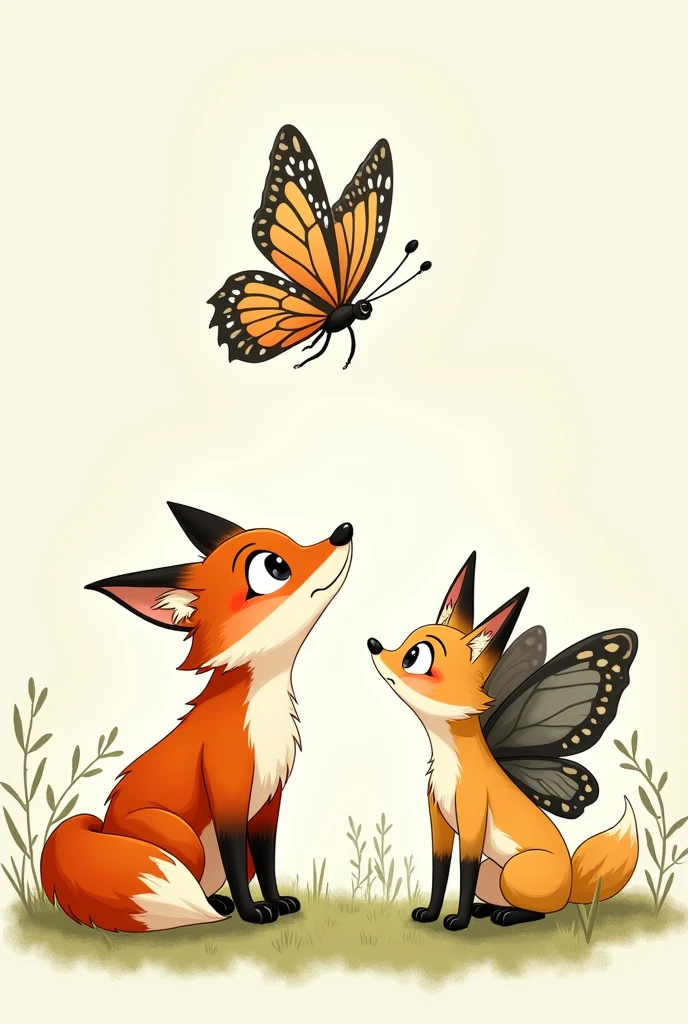 Create a hand-drawn cartoon-style scene, an adult fox with a happy face, black hair and slanted eyes, is in front of a butterfly with delicate features, eyes and long eyelashes, dark curly hair, flying in front of the fox