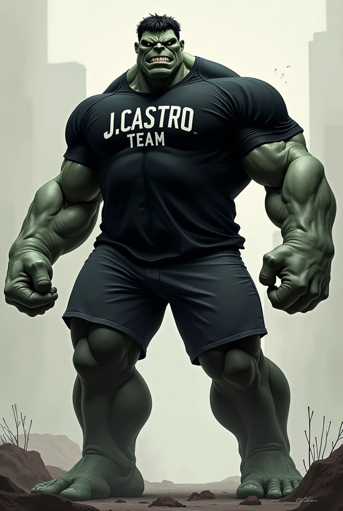 The gray Hulk wearing an all black shirt with the words "J.Castro team"