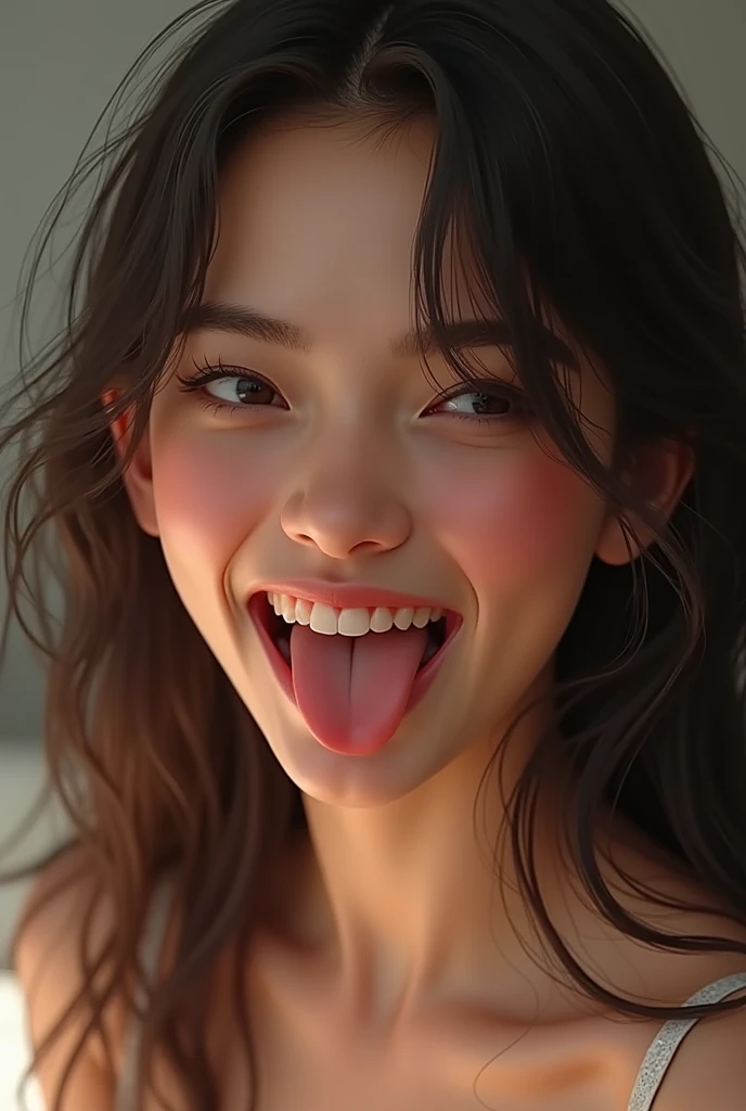 A woman feels good and makes an ahegao face, brunette, long hair, realistic, 4k
