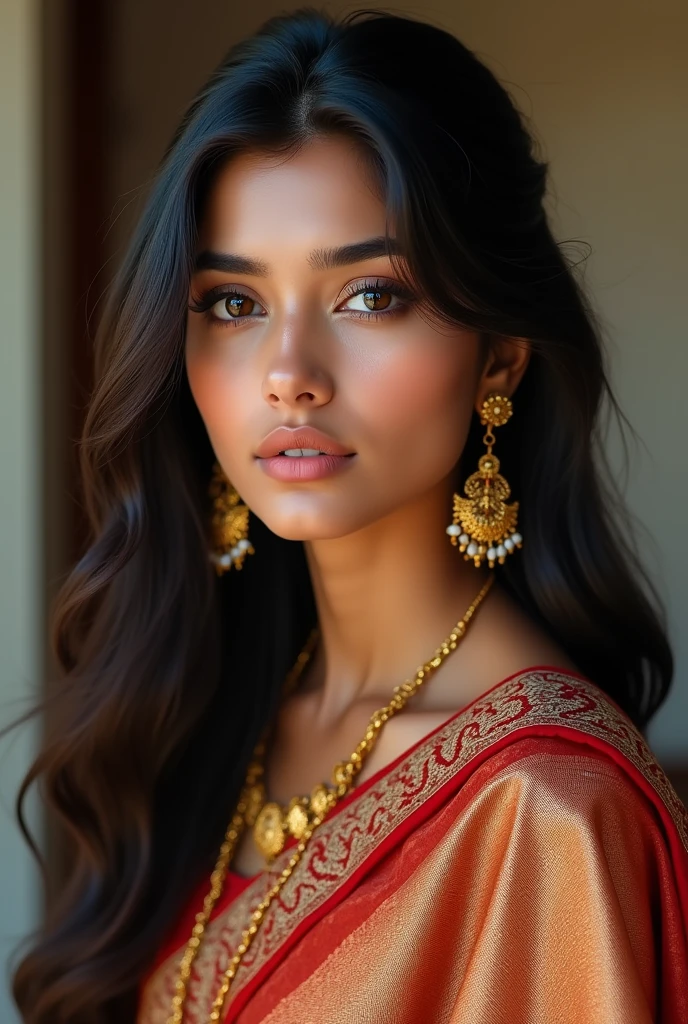 Create a highly detailed, photorealistic portrait of an Indian model like age 18. The model should have Cold, fair skin tone, expressive almond-shaped brown eyes, and long, dark, wavy hair. She is wearing traditional Indian attire like a richly embroidered saree with gold jewelry, including earrings and a necklace. The background is softly blurred to emphasize her facial features, and the lighting is natural, highlighting her elegant beauty and cultural heritage."