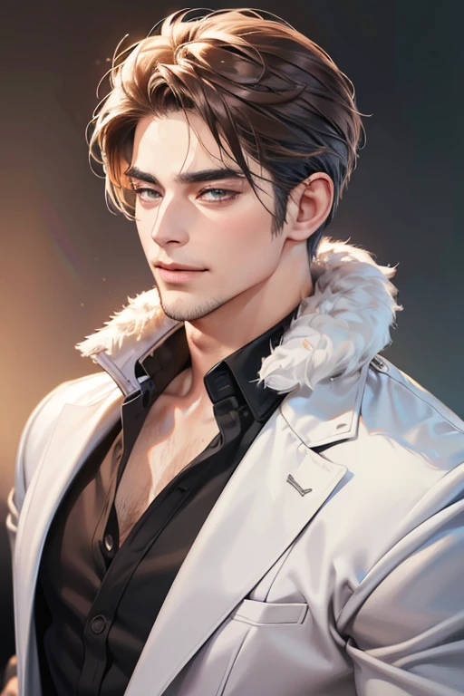 (best quality,4k,8k,highres,masterpiece:1.2),ultra-detailed,(realistic,photorealistic,photo-realistic:1.37),30 year old man,3 day beard,handsome anime,portraits,strong,masculine,dark hair,sharp jawline,mesmerizing eyes,perfectly styled hair,cool anime outfit,confident expression,vibrant colors,dynamic lighting, CEO and expression smile in love.