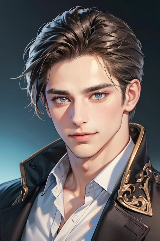 (best quality,4k,8k,highres,masterpiece:1.2),ultra-detailed,(realistic,photorealistic,photo-realistic:1.37),30 year old man,3 day beard,handsome anime,portraits,strong,masculine,dark hair,sharp jawline,mesmerizing eyes,perfectly styled hair,cool anime outfit,confident expression,vibrant colors,dynamic lighting, CEO and expression smile in love.