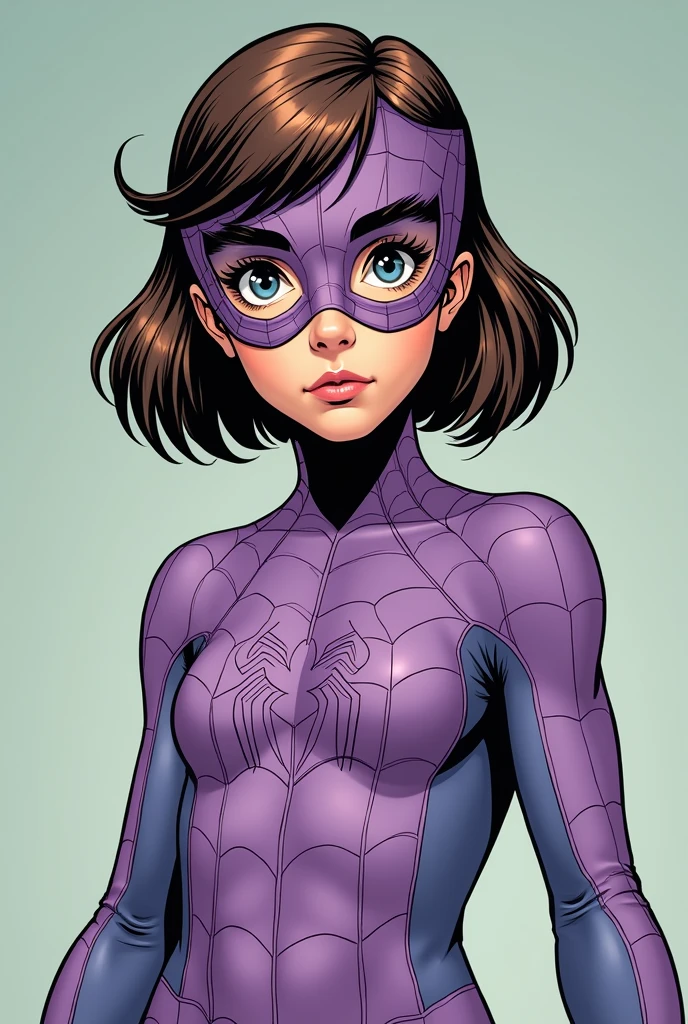 a girl with brown hair and blue eyes. her hair is a tomboy and she has big eyelashes. she has a lilac spiderman outfit, but only with a mask over her eyes, and she is over 1 and has a more serious and sober appearance. . MARVEL 1980 comics style 2D