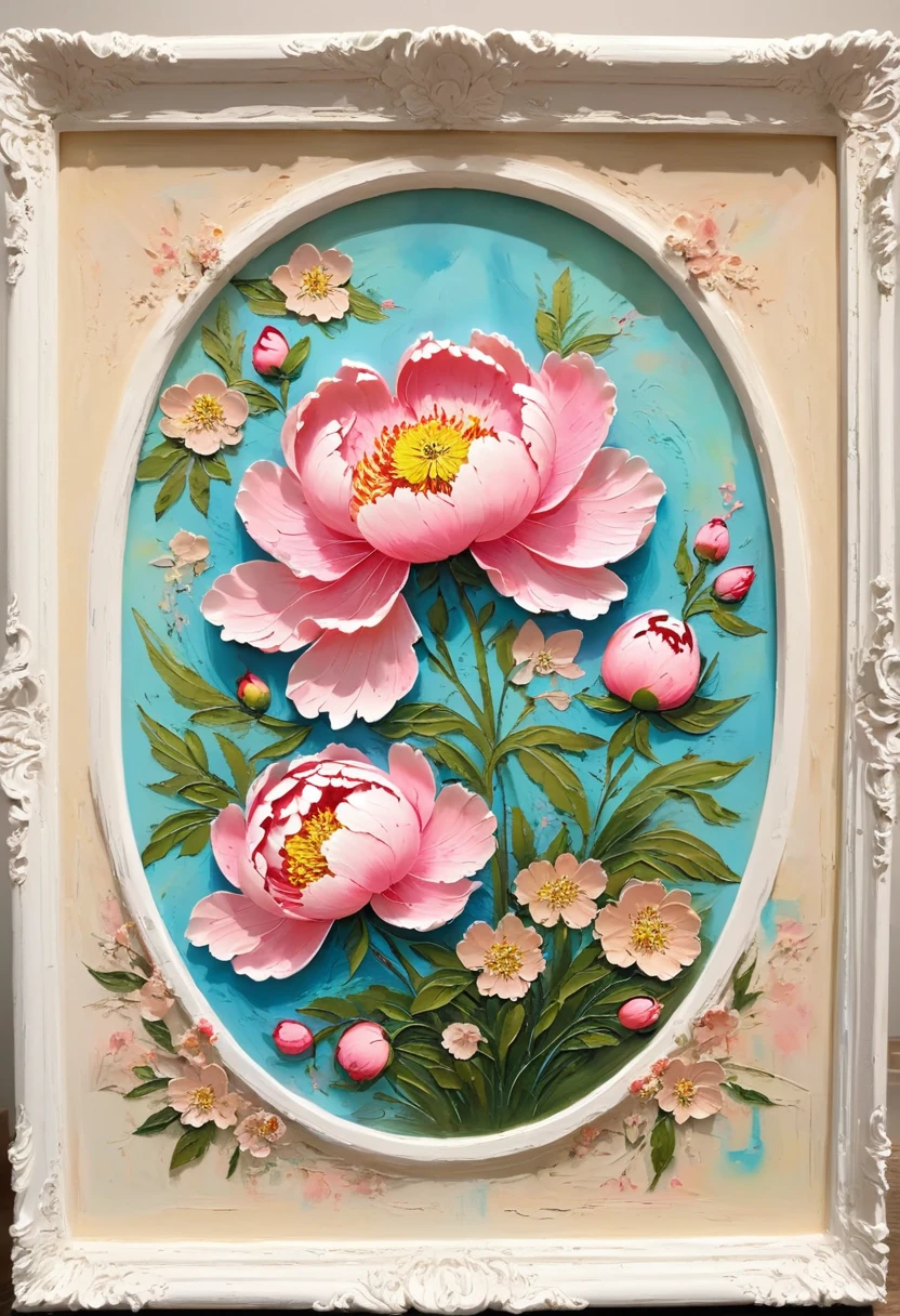 (A painting in a white plaster frame on an easel)：(((Soft tones，Chalk painting，Oil stick painting，flight，Thick coating，Uneven texture，Plaster texture，Graffiti)))。Korean style framed decorative painting，3D Decorating，French style peony flower